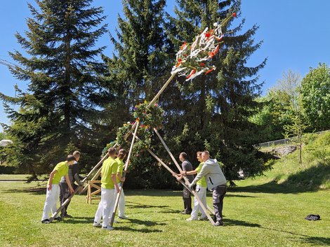 Gruppe von Männern beim Maibaumaufstellen 