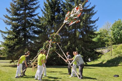 Gruppe von Männern beim Maibaumaufstellen 