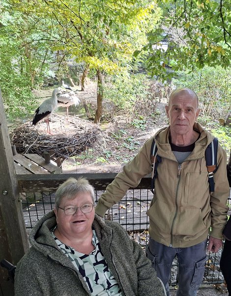 Bewohnerin und Bewohner vor dem Storchengehege