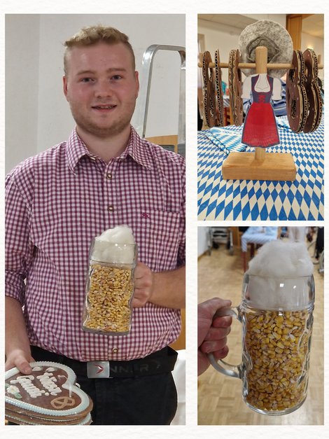 Collage Mitarbeiter mit Maiskrug, Lebkuchenherz und Oktoberfest-Tischdeko