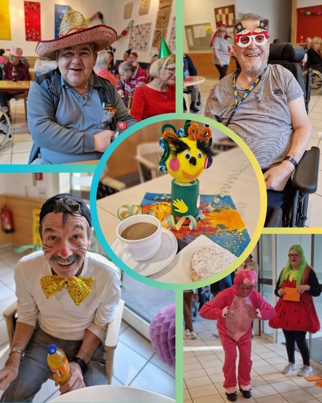 Collage einiger Bewohner im Faschingskostüm und Faschingskrapfen