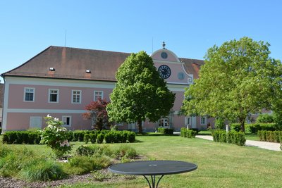 ein Schloss mit einem Park und Bäumen