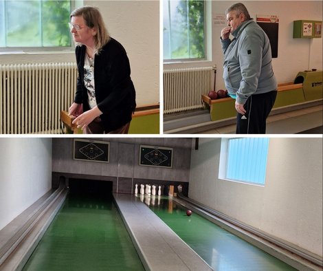 Bewohner und Bewohnerin beim Kegeln