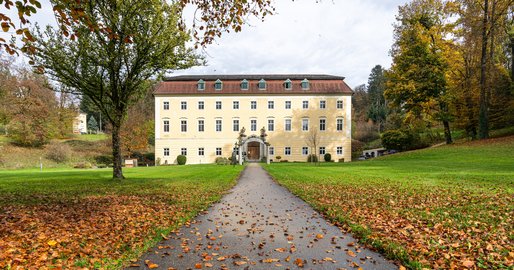 Außenansicht vom Schloss Haus, davor ein Weg mit Blättern in herbstlichen Farben