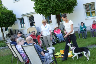 Menschen sitzen in einem Garten in einem Sesselkreis, in der Mitte Therapeuten und ein Hund.