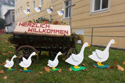 Willkommensschild und Holzgänse vor dem LPBZ Schloss Haus