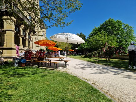 liegender Maibaum und Gäste auf Gartenbänken