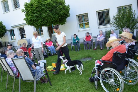 Menschen sitzen in einem Garten in einem Sesselkreis, in der Mitte zwei Therapeuten und ein Therapiehund.